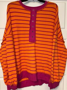 Bright Orange & Pink Striped Henley Sweater Light weight
